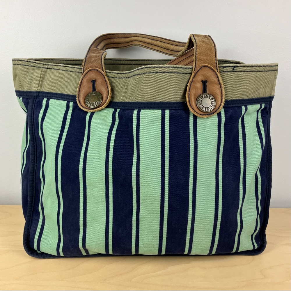 GAP Jeans Reversible Tote Bag Striped Teal Blue Army Green Leather Handles 2007